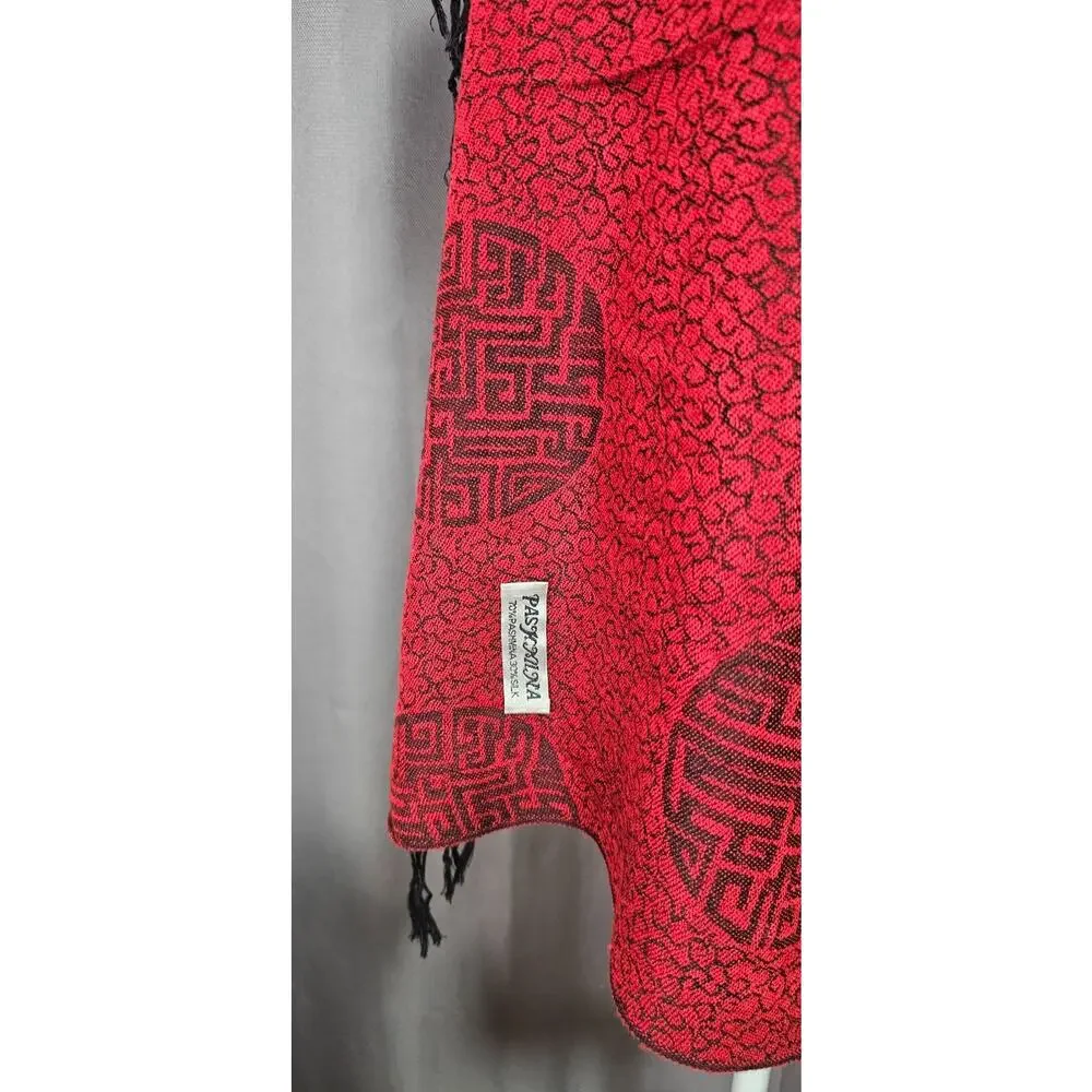 Pashmina Silk Scarf Shawl Red Black Oriental Pattern Fringe Ends